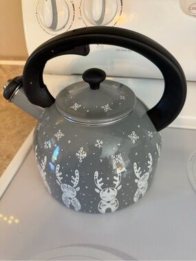 Temp-Tations Grey Tea Kettle with White Reindeer and Snowflakes